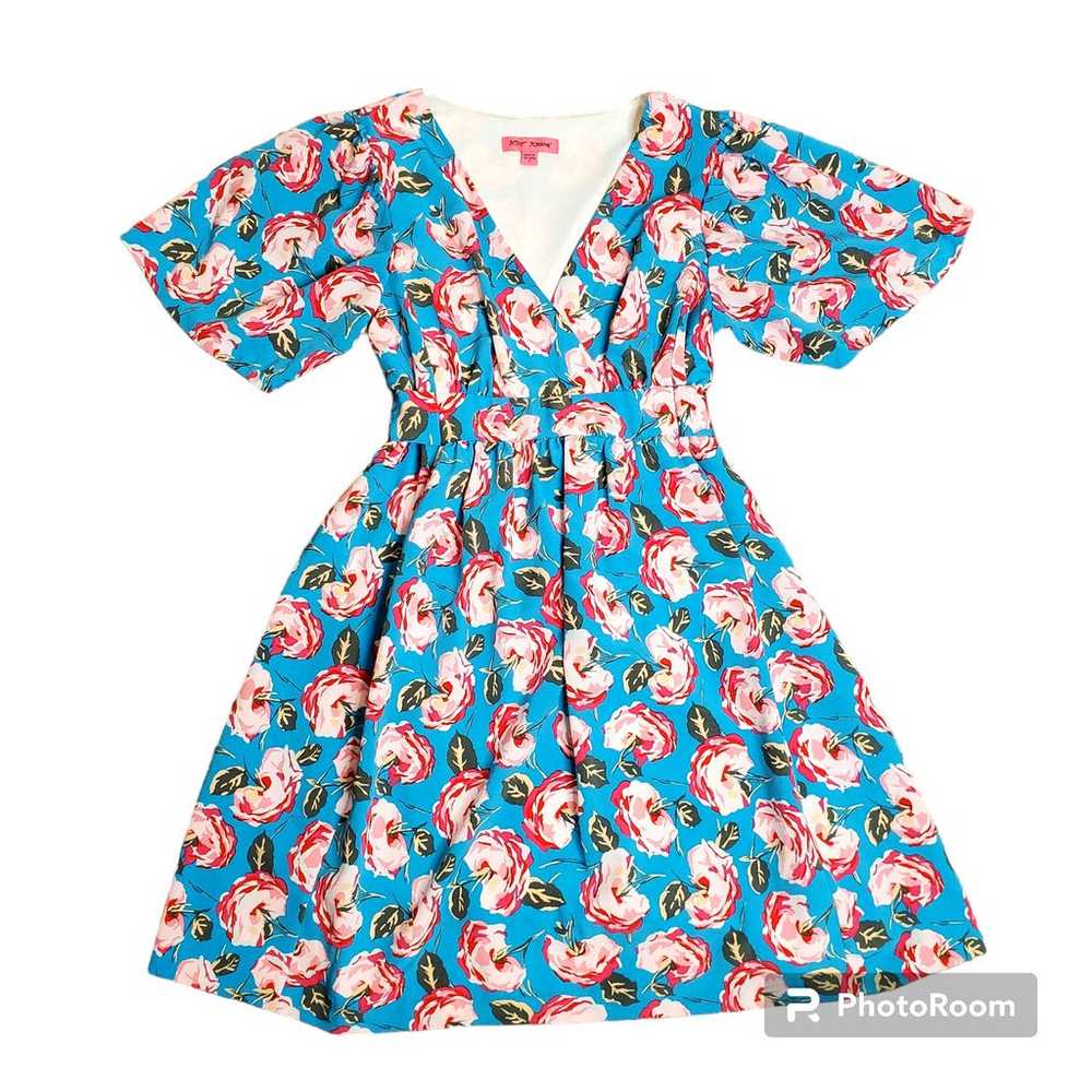 Betsey Johnson Rose print Blue Fit & Flare Dress - image 1