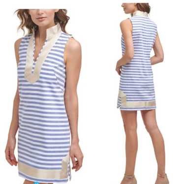 Eliza J Stripe splitneck gold trim sleeveless shif