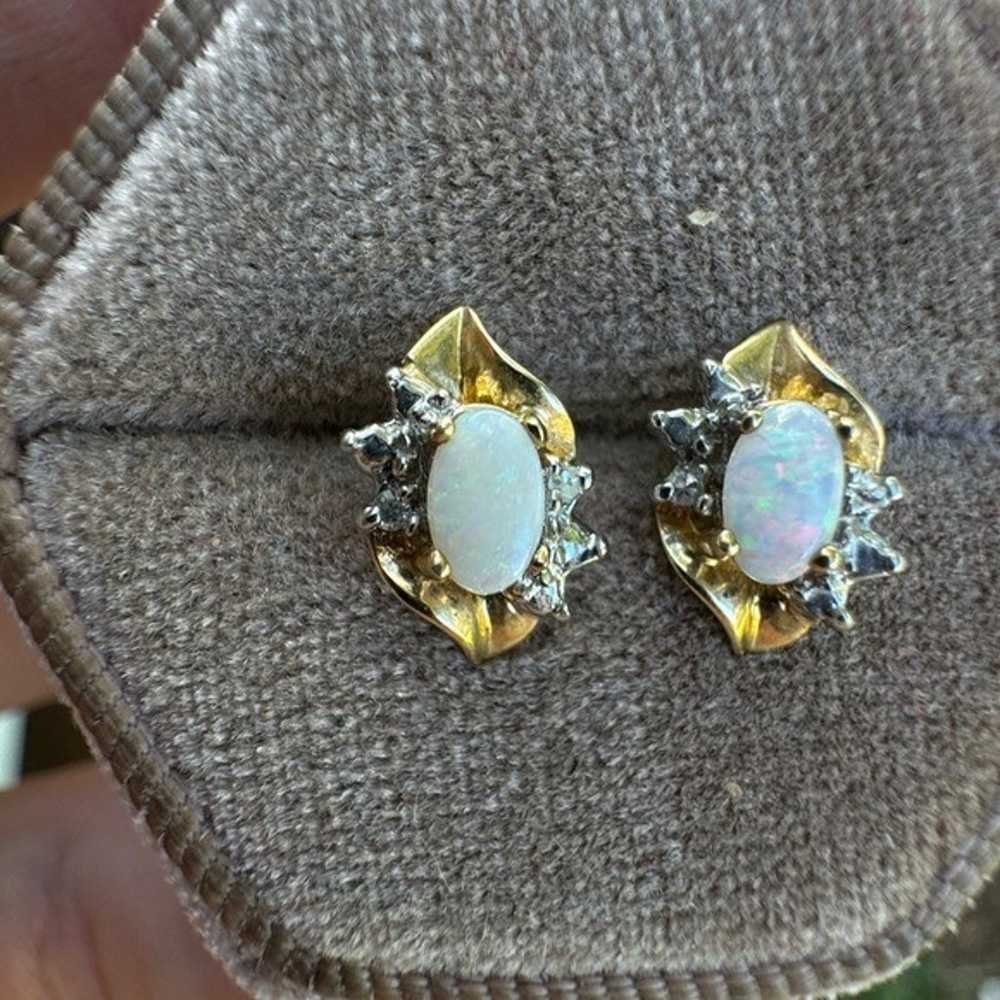 Vintage solid 10k  gold genuine  opal/diamond ear… - image 10