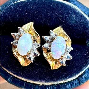 Vintage solid 10k  gold genuine  opal/diamond ear… - image 1