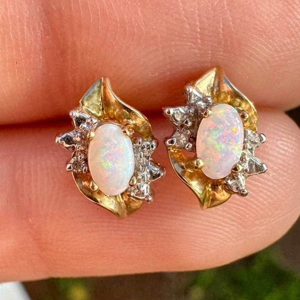 Vintage solid 10k  gold genuine  opal/diamond ear… - image 2