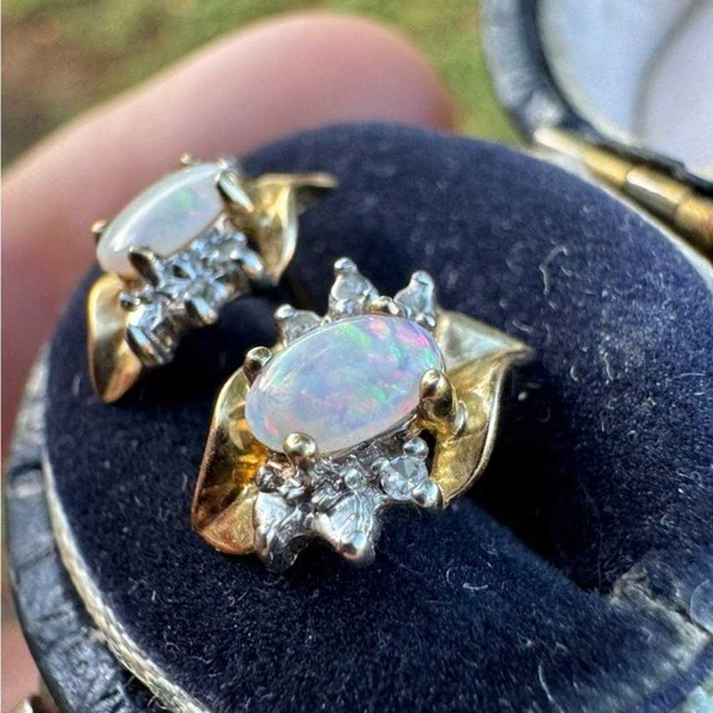 Vintage solid 10k  gold genuine  opal/diamond ear… - image 3