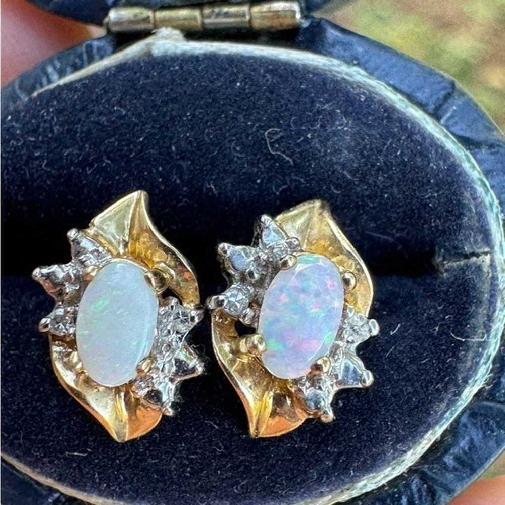 Vintage solid 10k  gold genuine  opal/diamond ear… - image 8