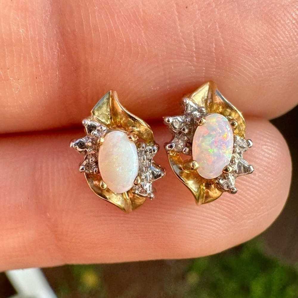 Vintage solid 10k  gold genuine  opal/diamond ear… - image 9