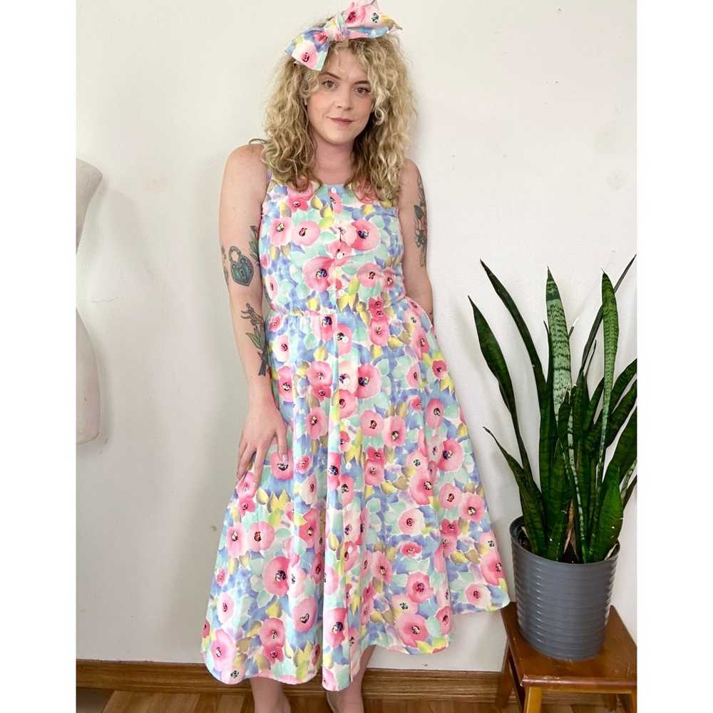 80’s Preppy Cotton Floral Midi Dress - image 1