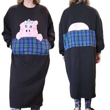 80s Womens Long Sweatshirt Dress Nightgown Pig Lar