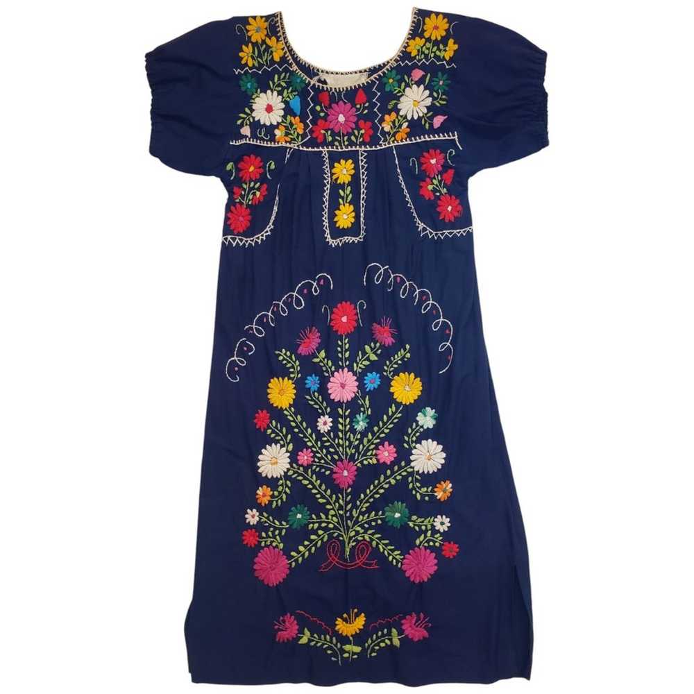 Vintage 70s navy hand embroidered floral Mexican … - image 2