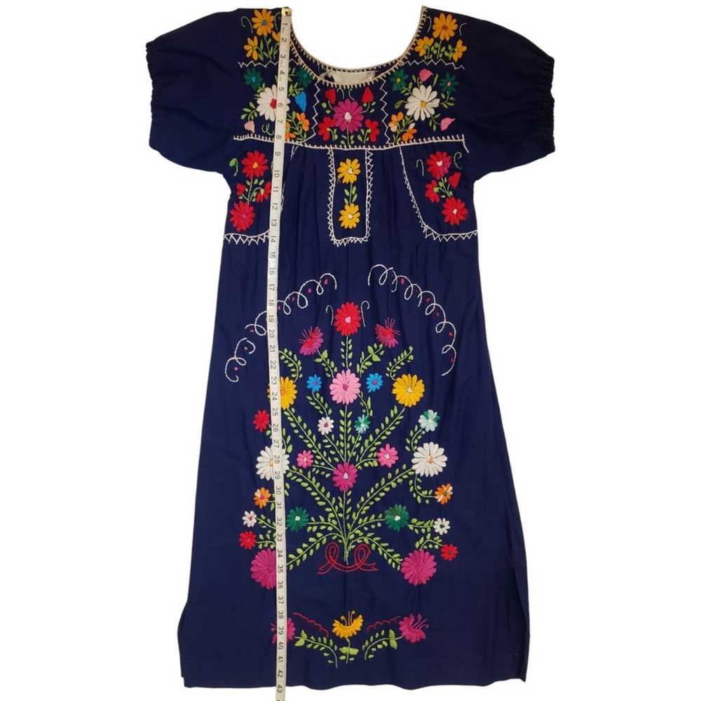 Vintage 70s navy hand embroidered floral Mexican … - image 3