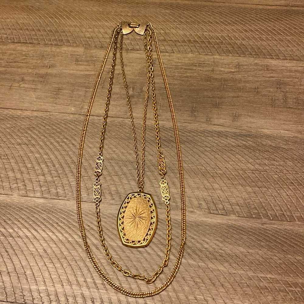 Vintage Gold Tone Triple Strand Pendant Necklace - image 1