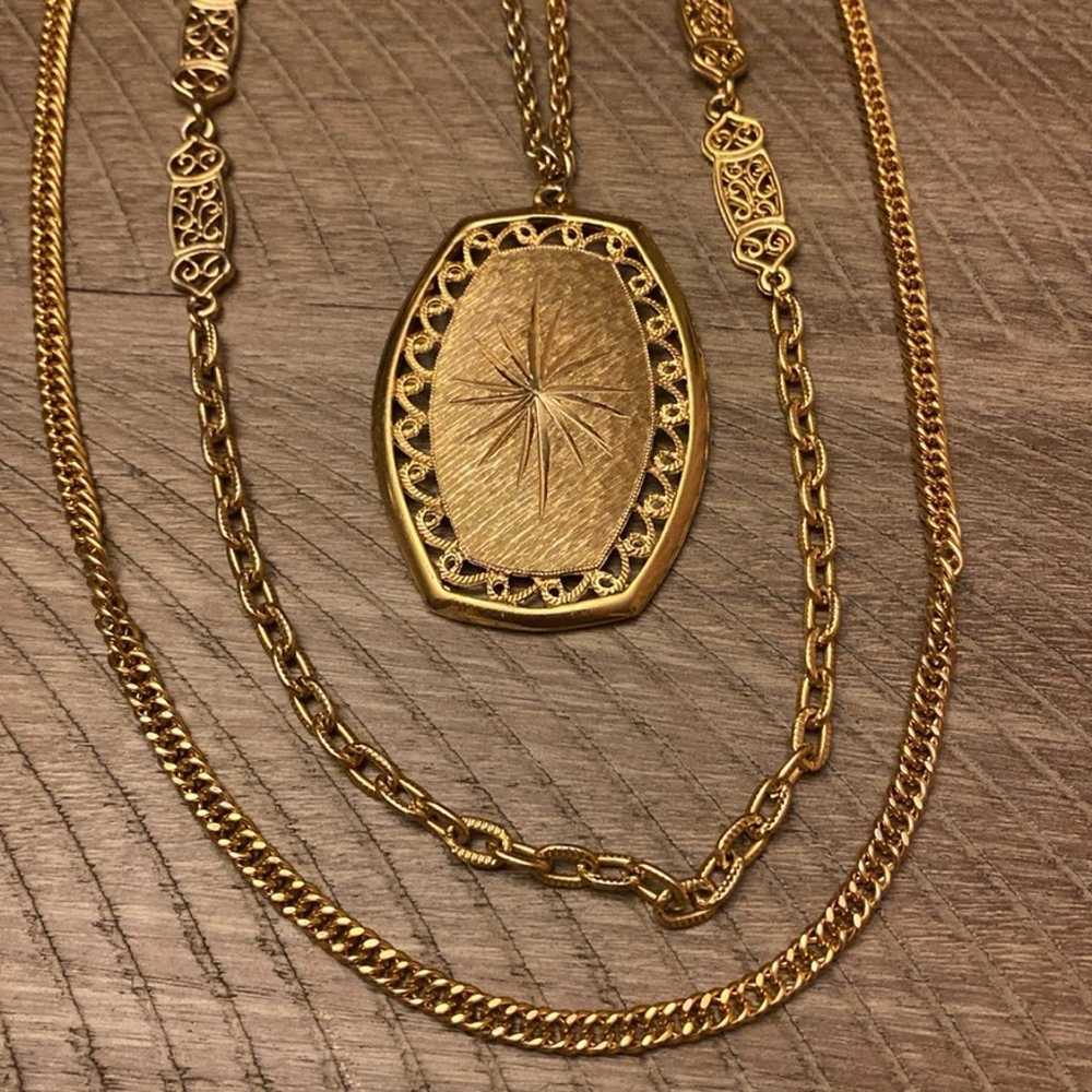 Vintage Gold Tone Triple Strand Pendant Necklace - image 2