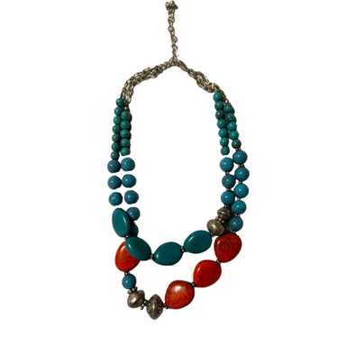 Vintage Turquoise and Red Beaded Necklace - image 1