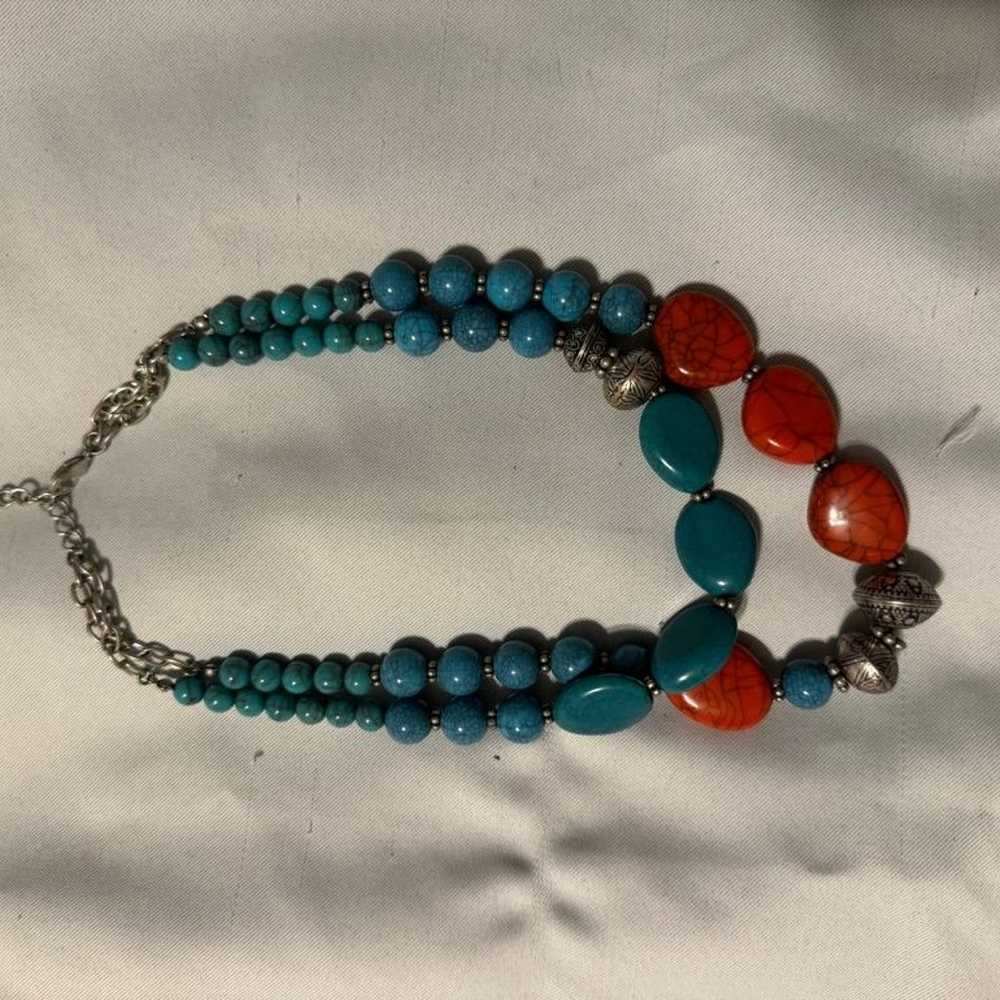 Vintage Turquoise and Red Beaded Necklace - image 2