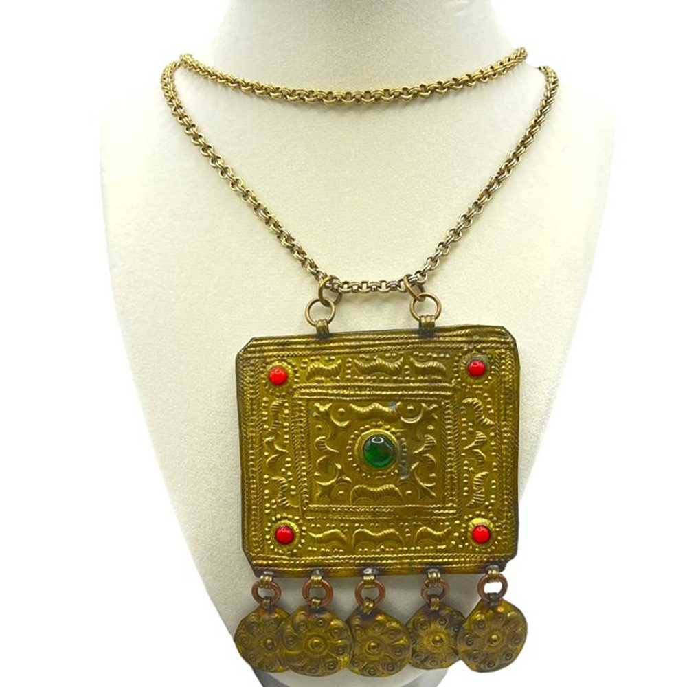 Vintage Brass Medallion Statement Necklace Bohemi… - image 1