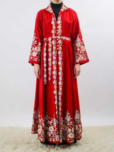 1970s 1940s Style Red Wool Embroidered Floral Robe