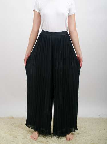 1990s Pleated Chiffon Black Wide Leg Trousers