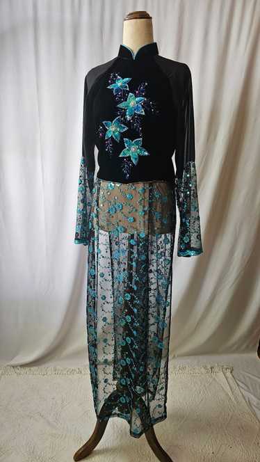 Vintage Black Velvet and Lace Dress with Teal Flor