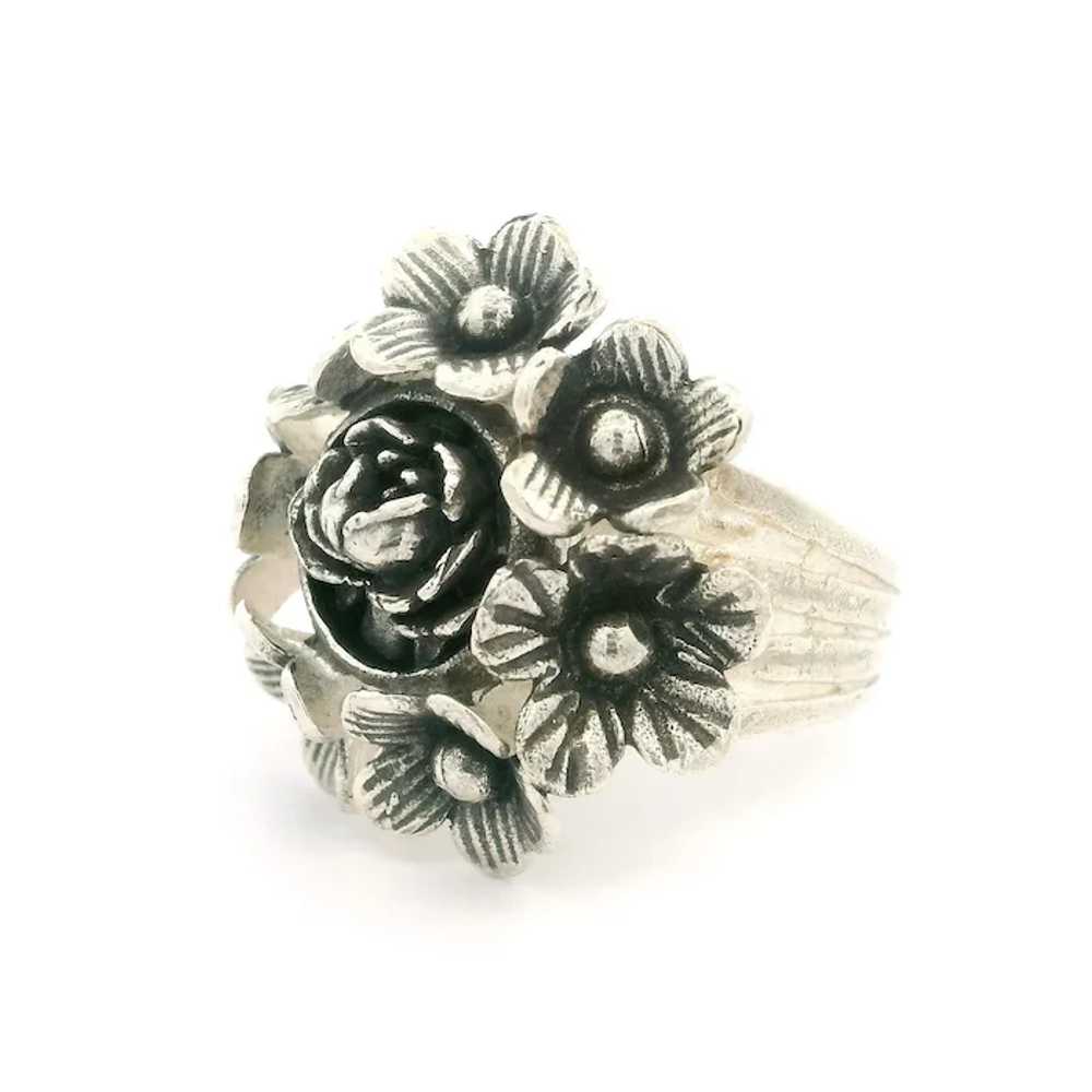 Sterling Silver 3D Detailed Flower Cluster Wide G… - image 2