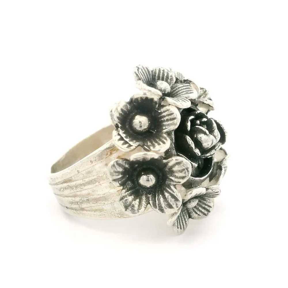 Sterling Silver 3D Detailed Flower Cluster Wide G… - image 3