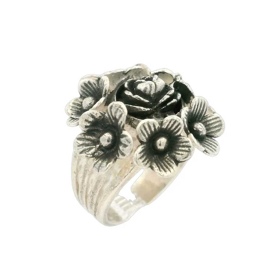 Sterling Silver 3D Detailed Flower Cluster Wide G… - image 5