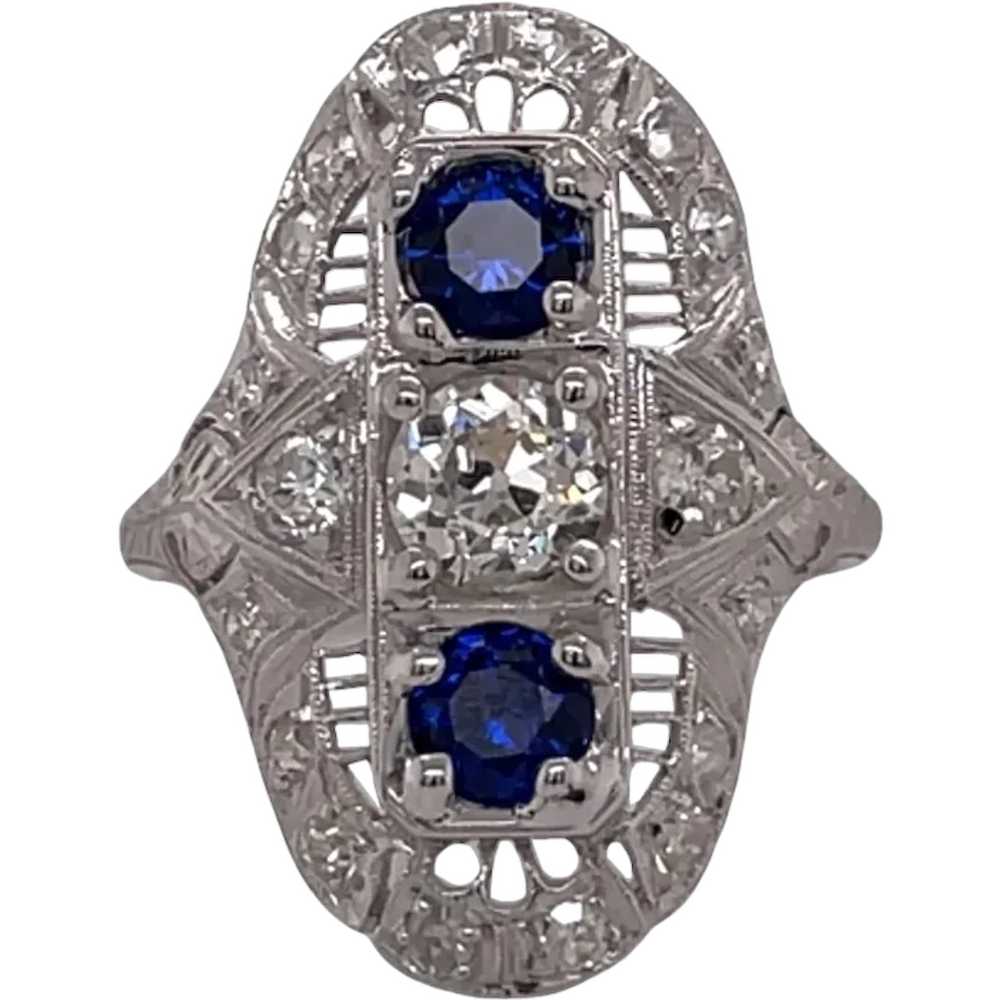 Art Deco Platinum Diamond and Sapphire Ring - image 1