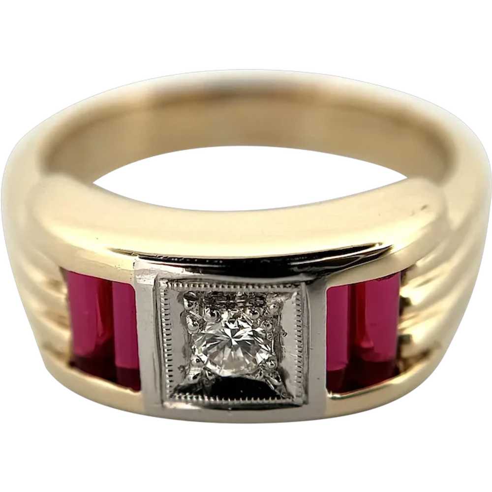 Vintage Men's 14K YG Round Cut Diamond and Ruby B… - image 1