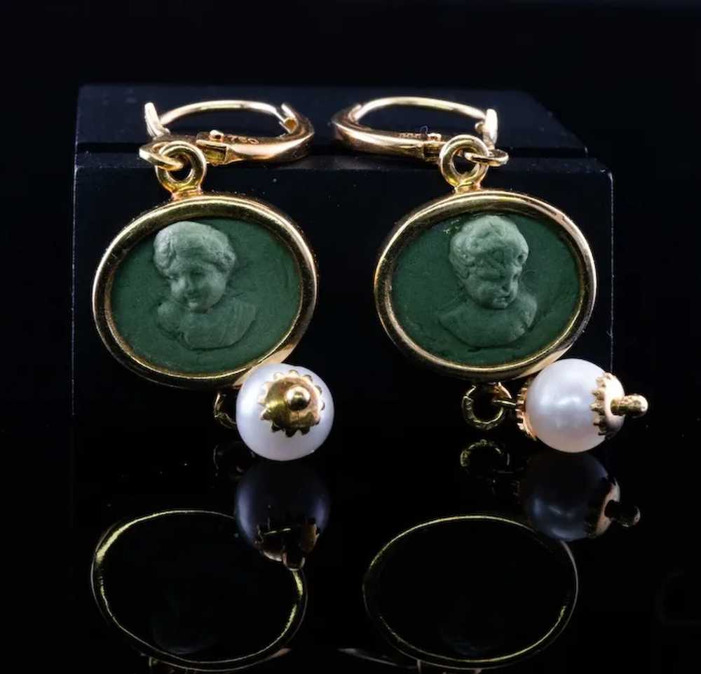 Cherub Angel Cameo Pearl Lava Earrings 18K Gold - image 11