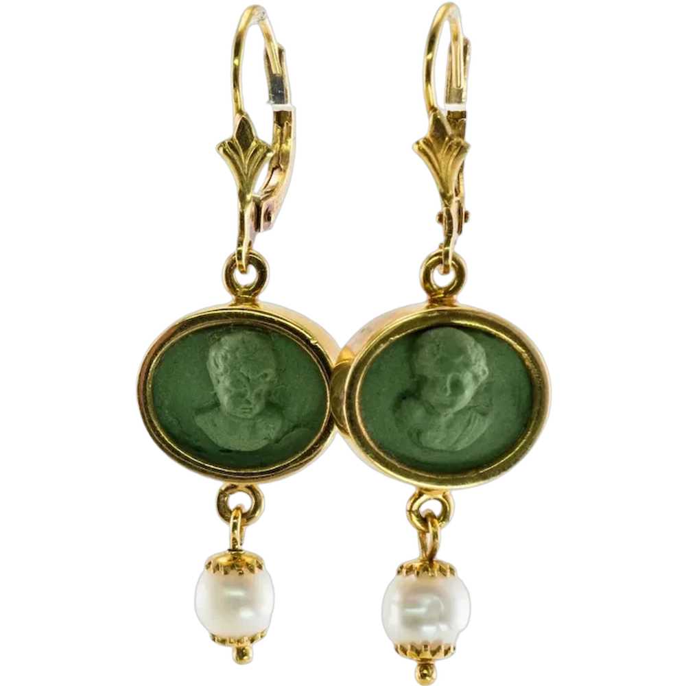 Cherub Angel Cameo Pearl Lava Earrings 18K Gold - image 1