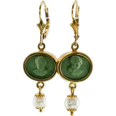 Cherub Angel Cameo Pearl Lava Earrings 18K Gold - image 1