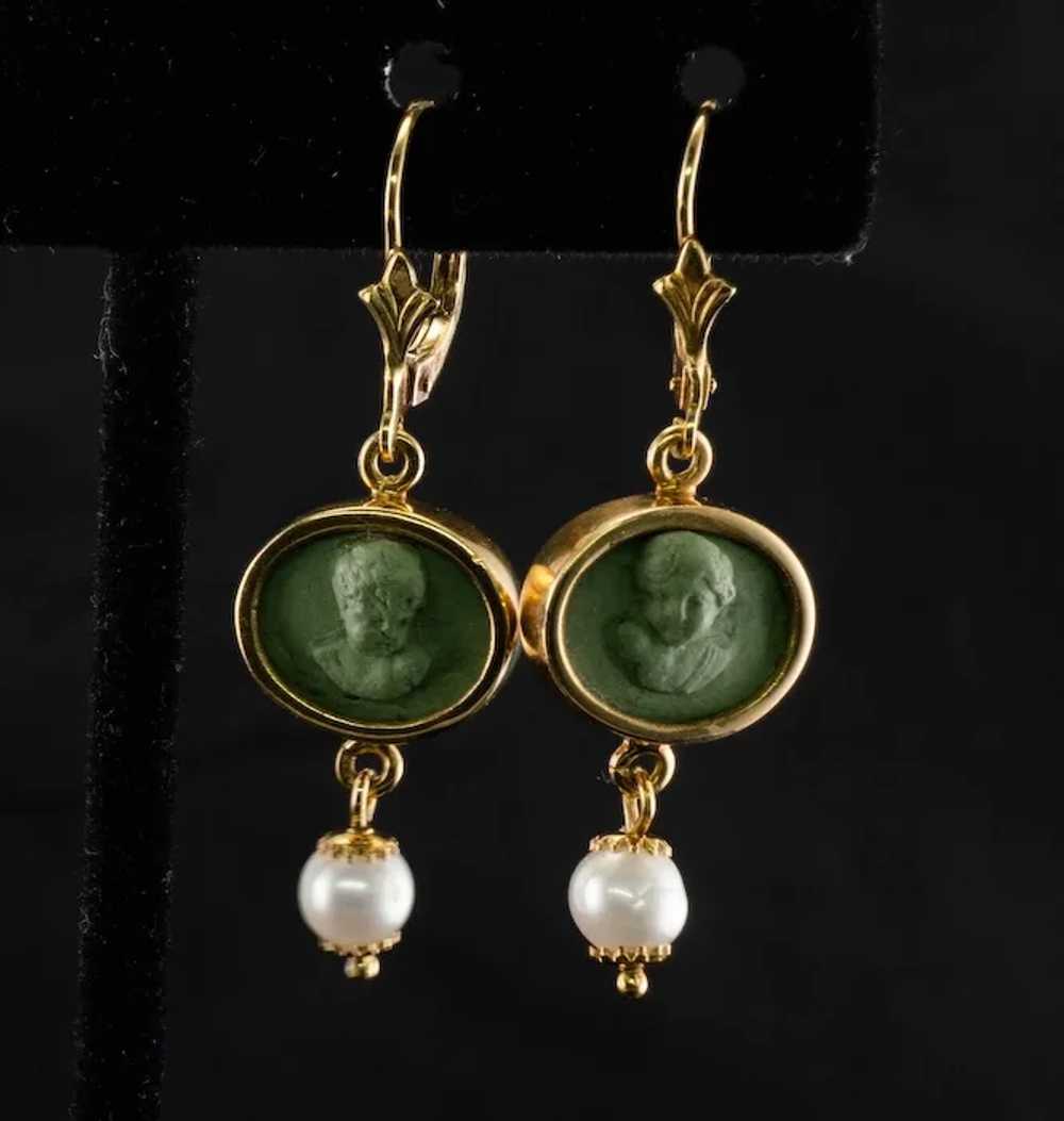 Cherub Angel Cameo Pearl Lava Earrings 18K Gold - image 3