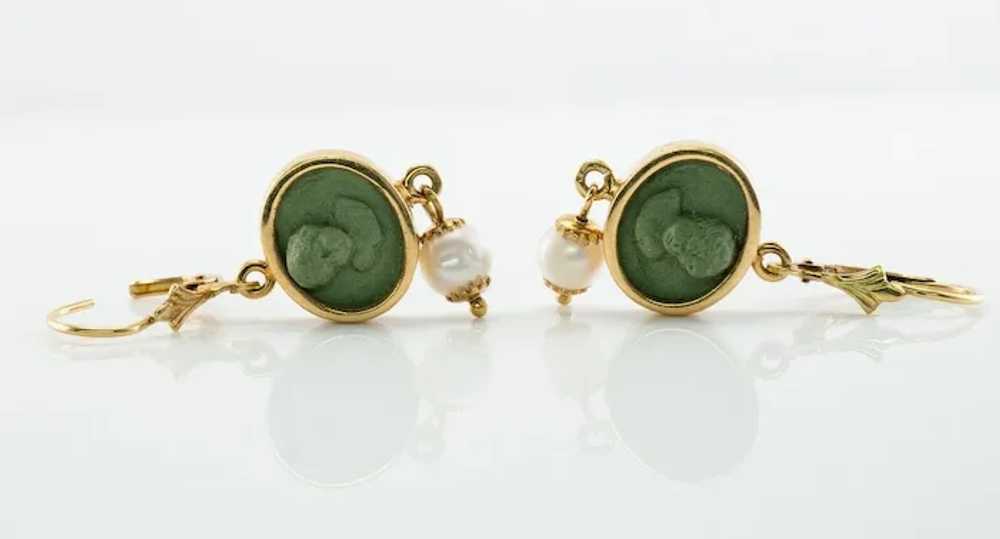 Cherub Angel Cameo Pearl Lava Earrings 18K Gold - image 4