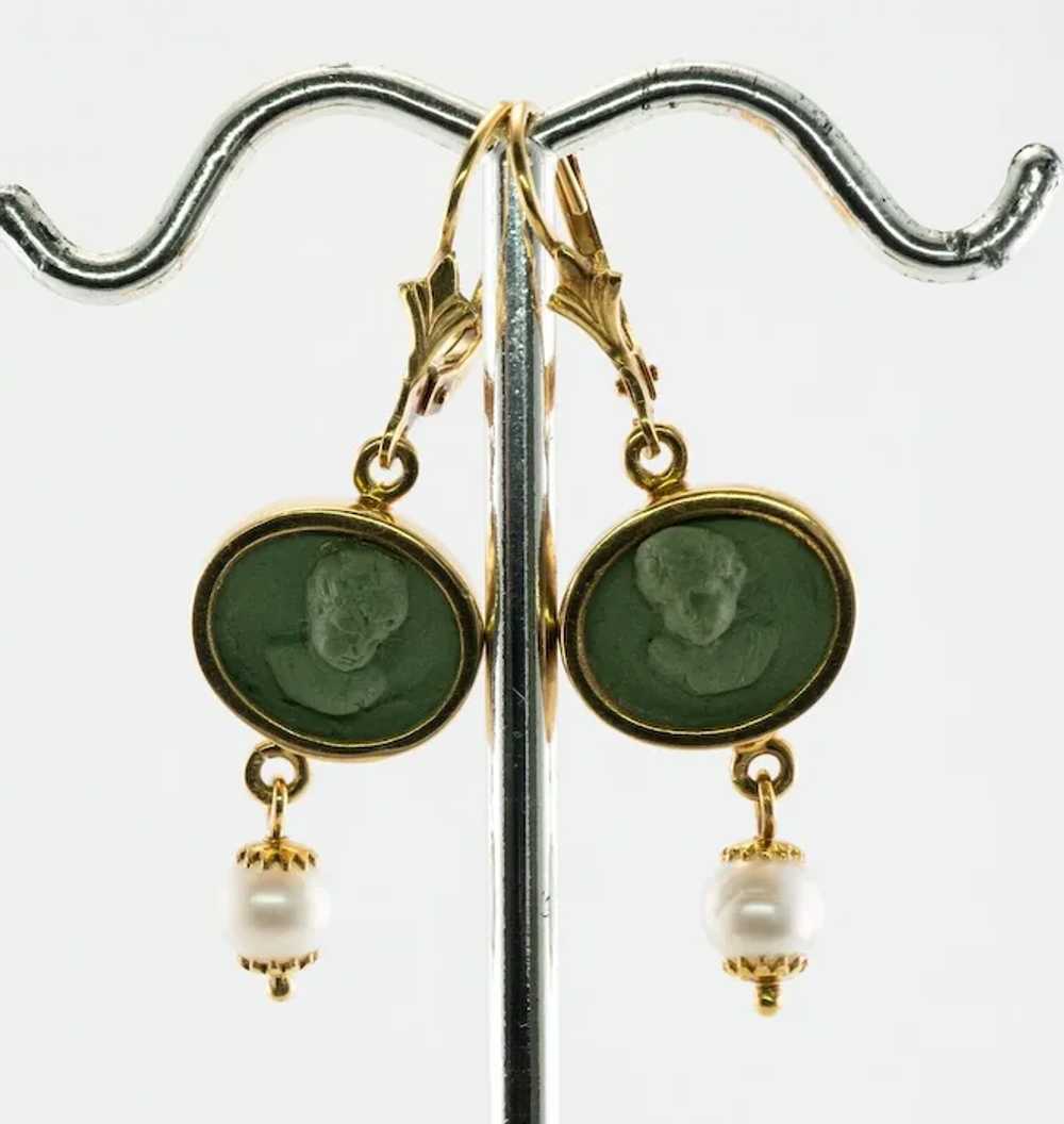 Cherub Angel Cameo Pearl Lava Earrings 18K Gold - image 5