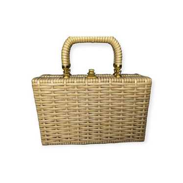 Vintage 50s/60s Woven Vinyl Plastic Tan Suitcase S