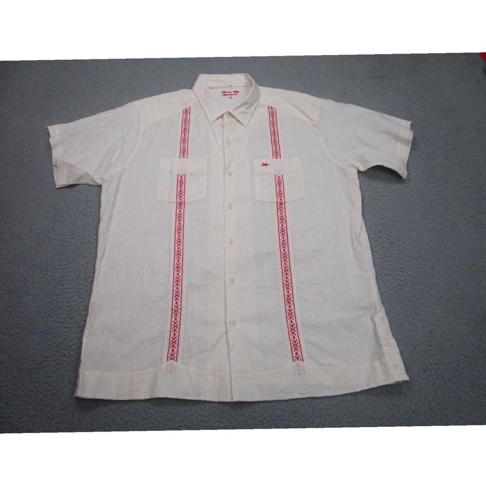 Vintage Mens XL Ivory Red Cuban Embroidered Camp … - image 1