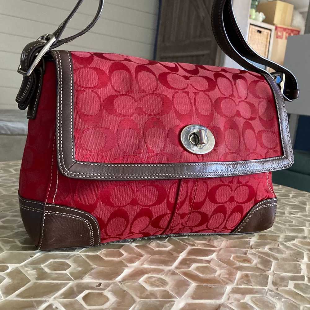 Coach Hampton Brown & Red Signature Jacquard Flap… - image 12