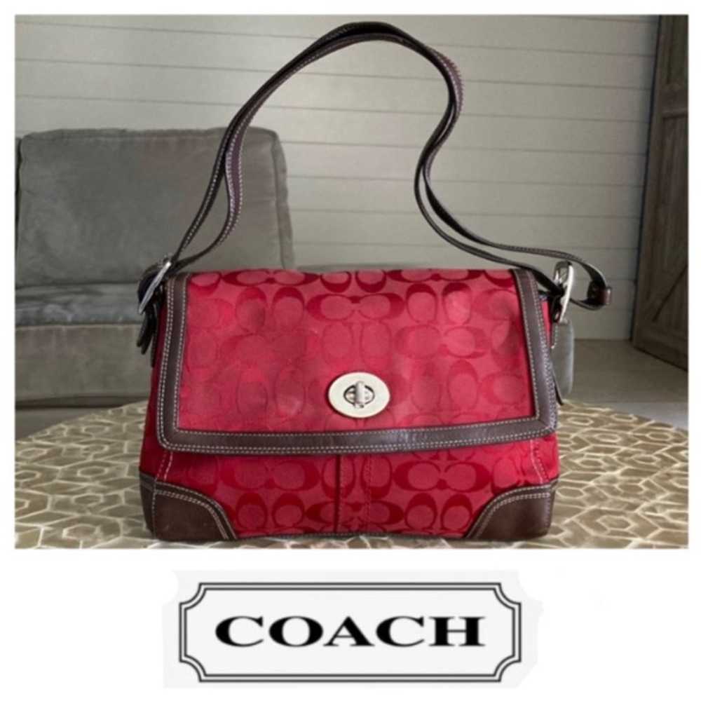 Coach Hampton Brown & Red Signature Jacquard Flap… - image 1