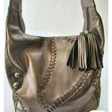 Chi By shops Carlos Falchi Gray Silver Metallic Leather Hobo Bag