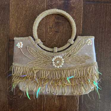 Vintage Beaded Fringe Handbag with Floral Design