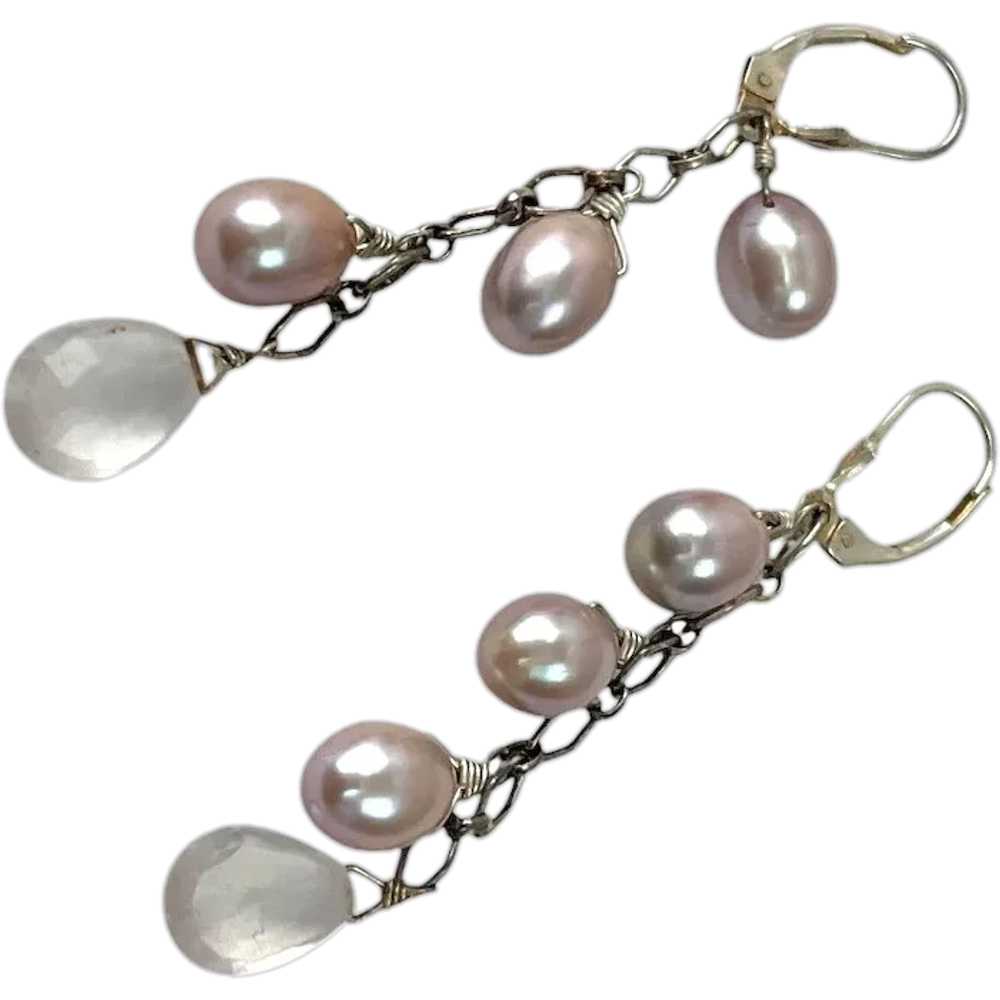 Elegant Dangling 925 Sterling Pearl & Crystal Tea… - image 1