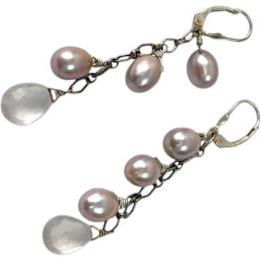 Elegant Dangling 925 Sterling Pearl & Crystal Tea… - image 1