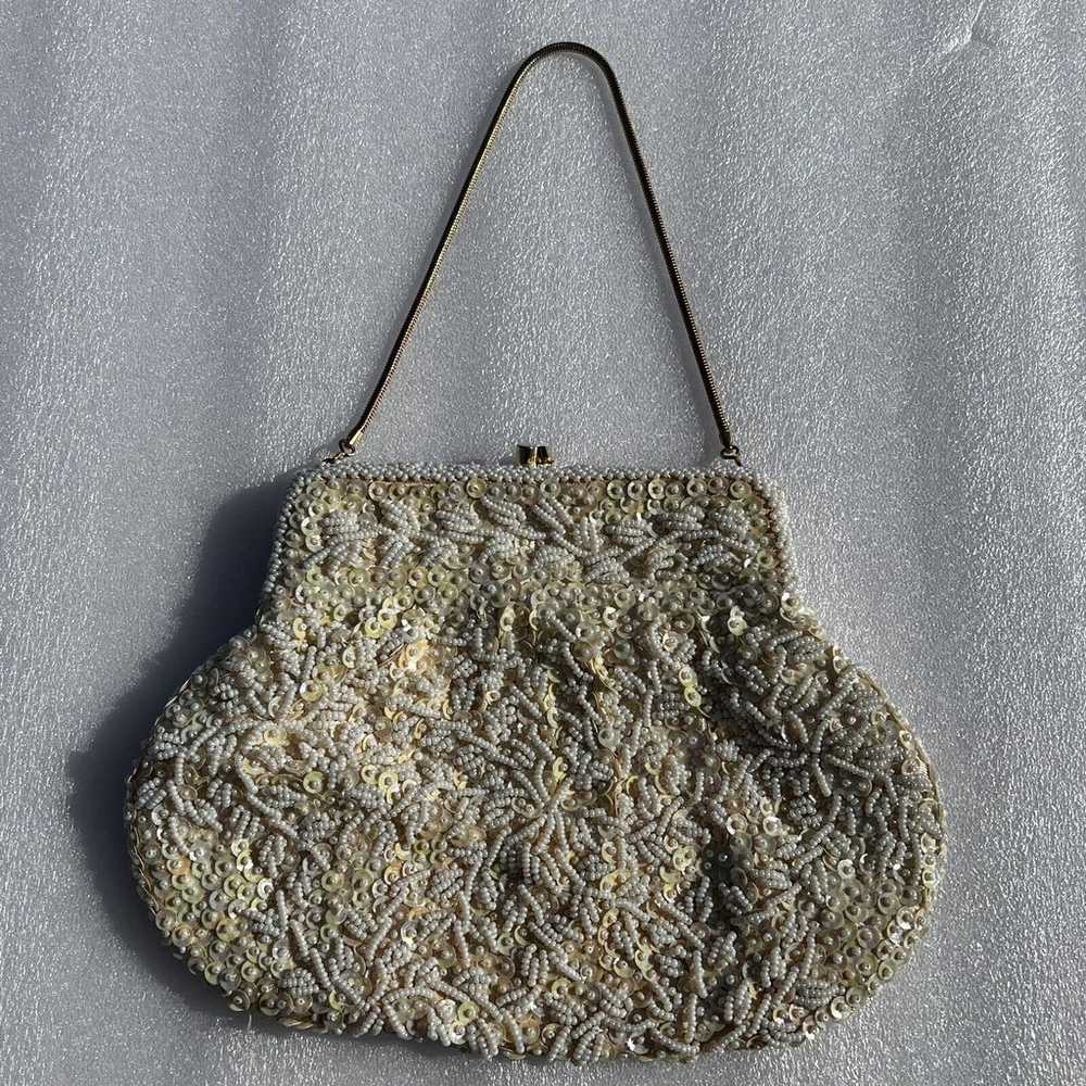 Vintage LA REGALE White Beaded Sequin Purse Clutc… - image 1