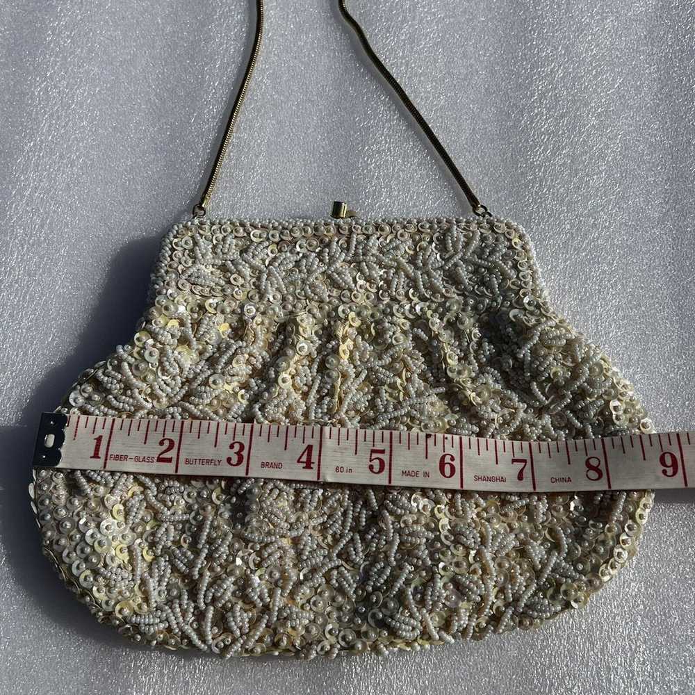 Vintage LA REGALE White Beaded Sequin Purse Clutc… - image 5