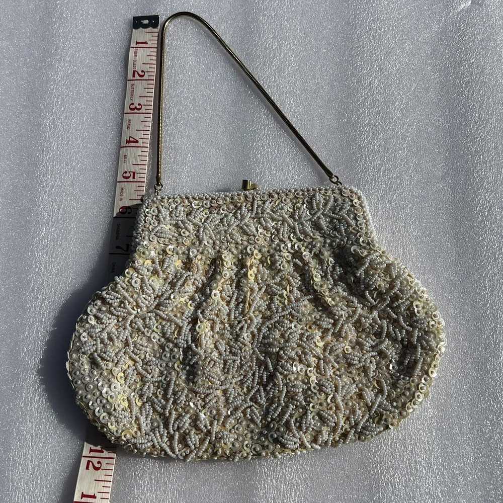 Vintage LA REGALE White Beaded Sequin Purse Clutc… - image 6