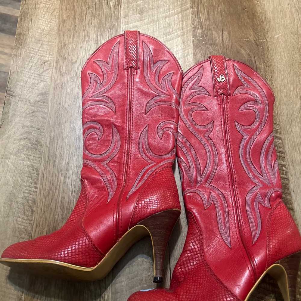 VINTAGE Jeenz Bootz Red Leather High Heel Cowboy … - image 4