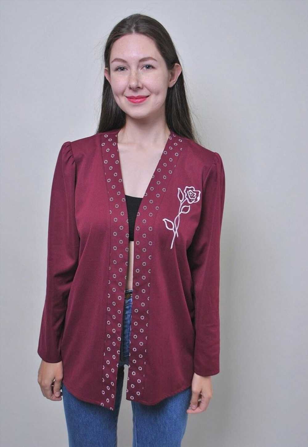 Vintage red formal blouse, rose print 80s overshi… - image 1