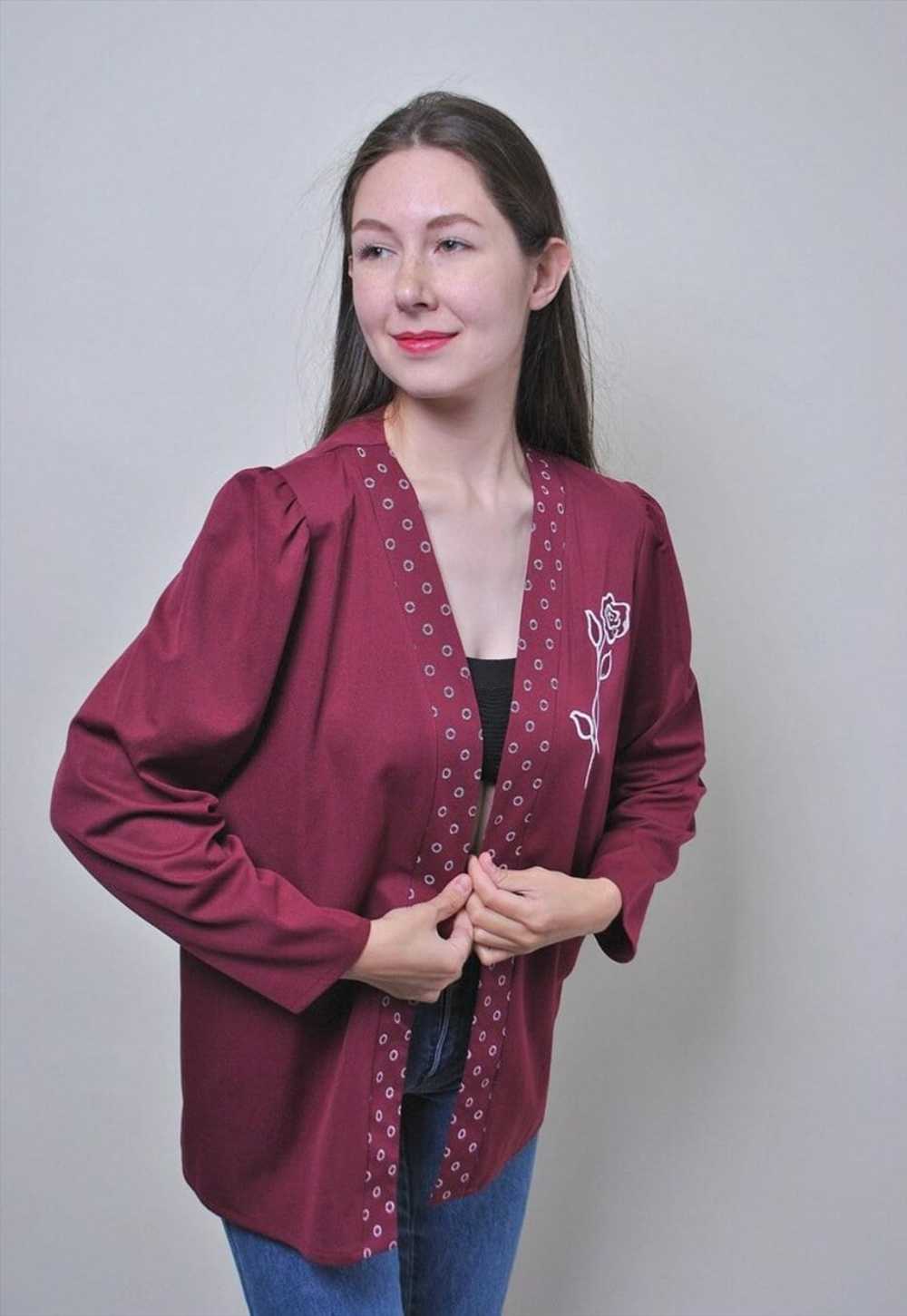 Vintage red formal blouse, rose print 80s overshi… - image 3