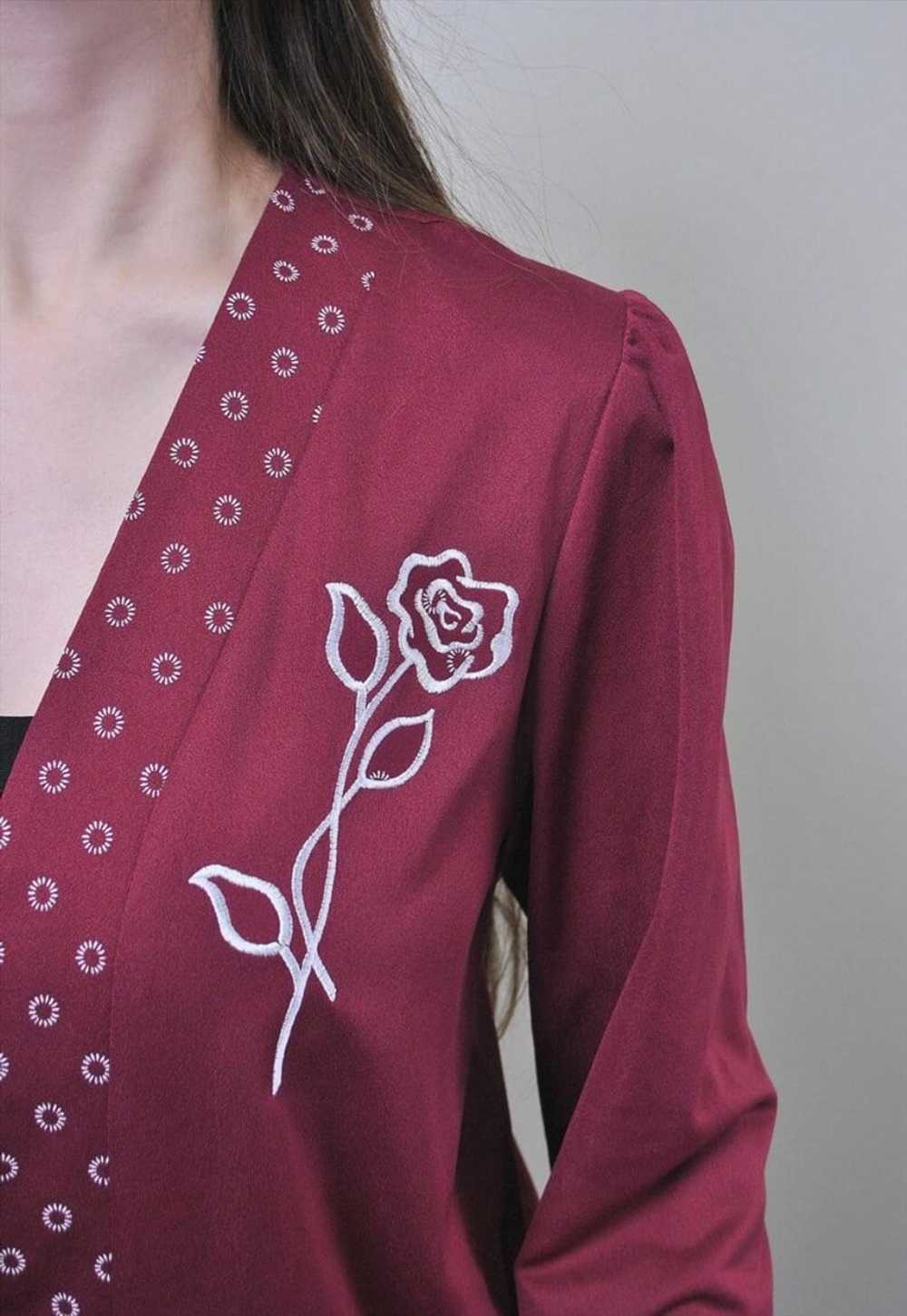 Vintage red formal blouse, rose print 80s overshi… - image 5