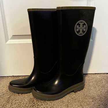 Tory Burch Tall Logo Black & Gray Rubber Rain Boot