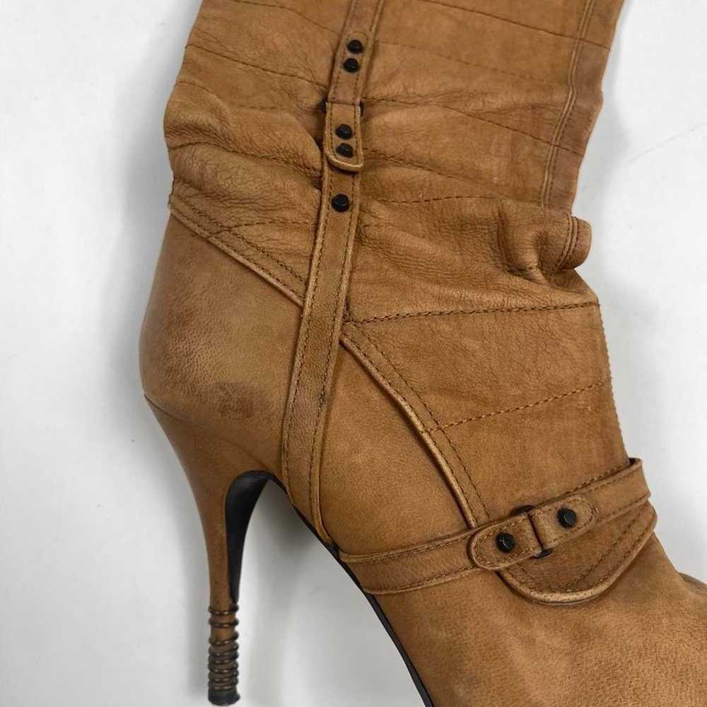 Tan and brown suede knee-high boots with buckle n… - image 3