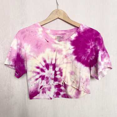 Hanes Upcycled Distressed Pink Purple Tie Dye Cro… - image 1