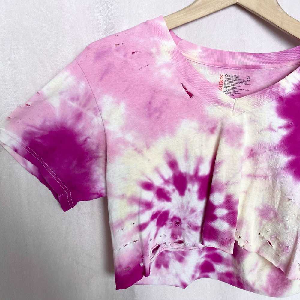 Hanes Upcycled Distressed Pink Purple Tie Dye Cro… - image 2